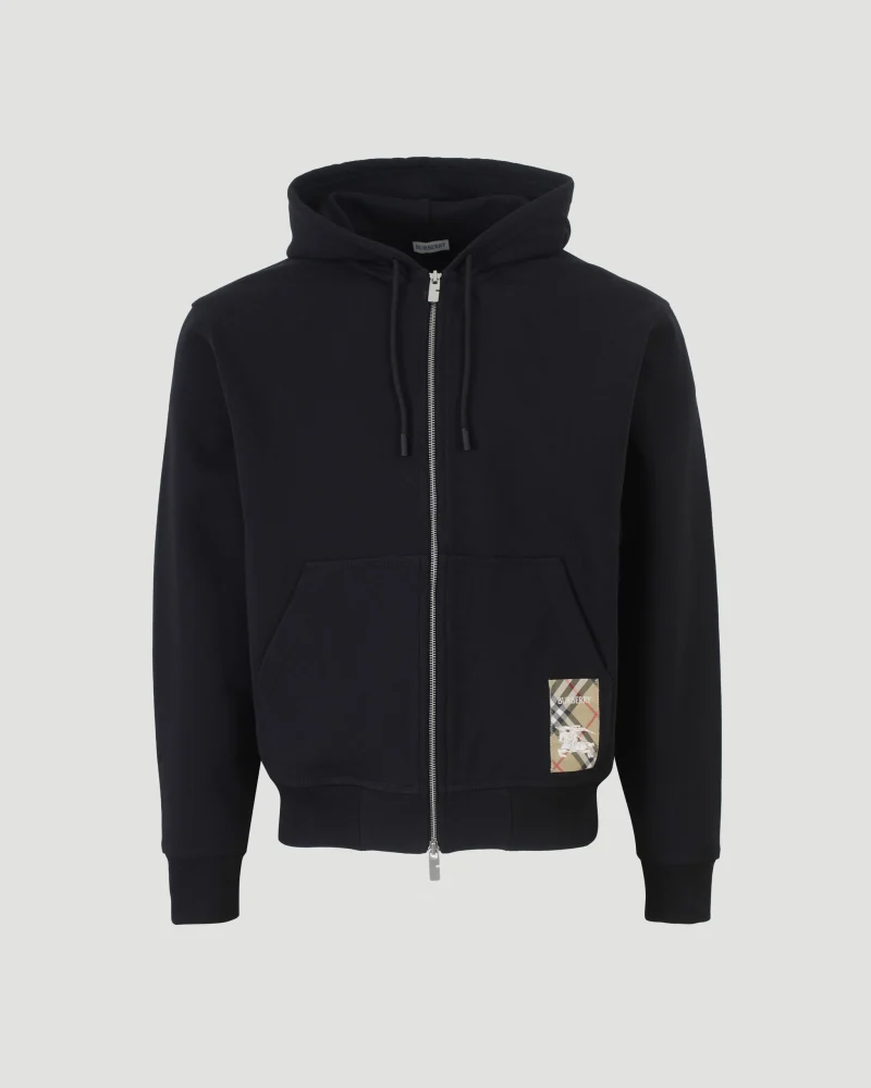 Check-Label Zip-Up Drawstring Hoodie