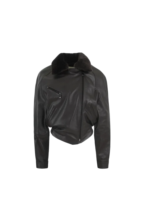 Cropped Leather Jacket with Fur Collar in Dark Brown