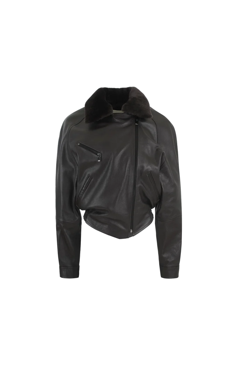 Cropped Leather Jacket with Fur Collar in Dark Brown