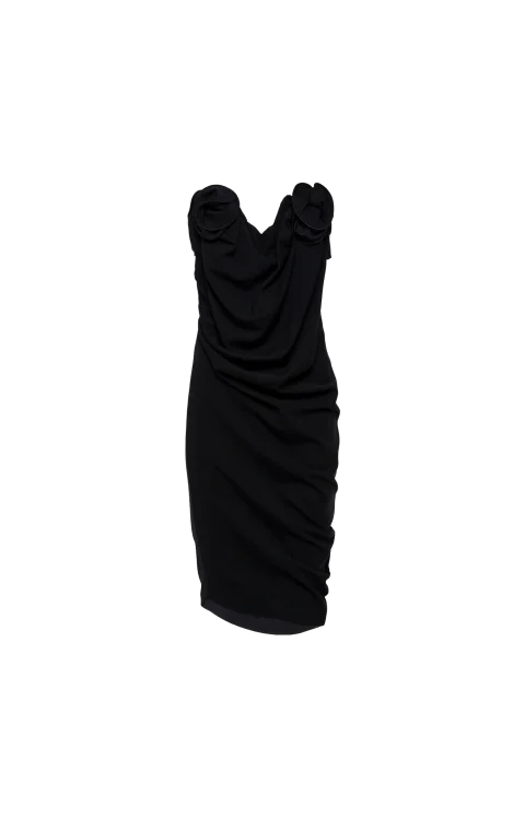 Strapless Draped Dress with Sculptural Floral Detail in Black
