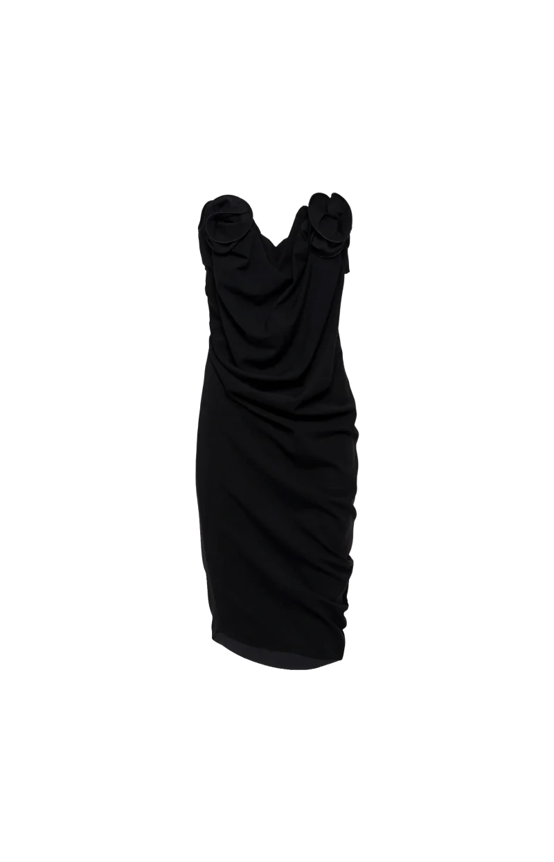 Strapless Draped Dress with Sculptural Floral Detail in Black