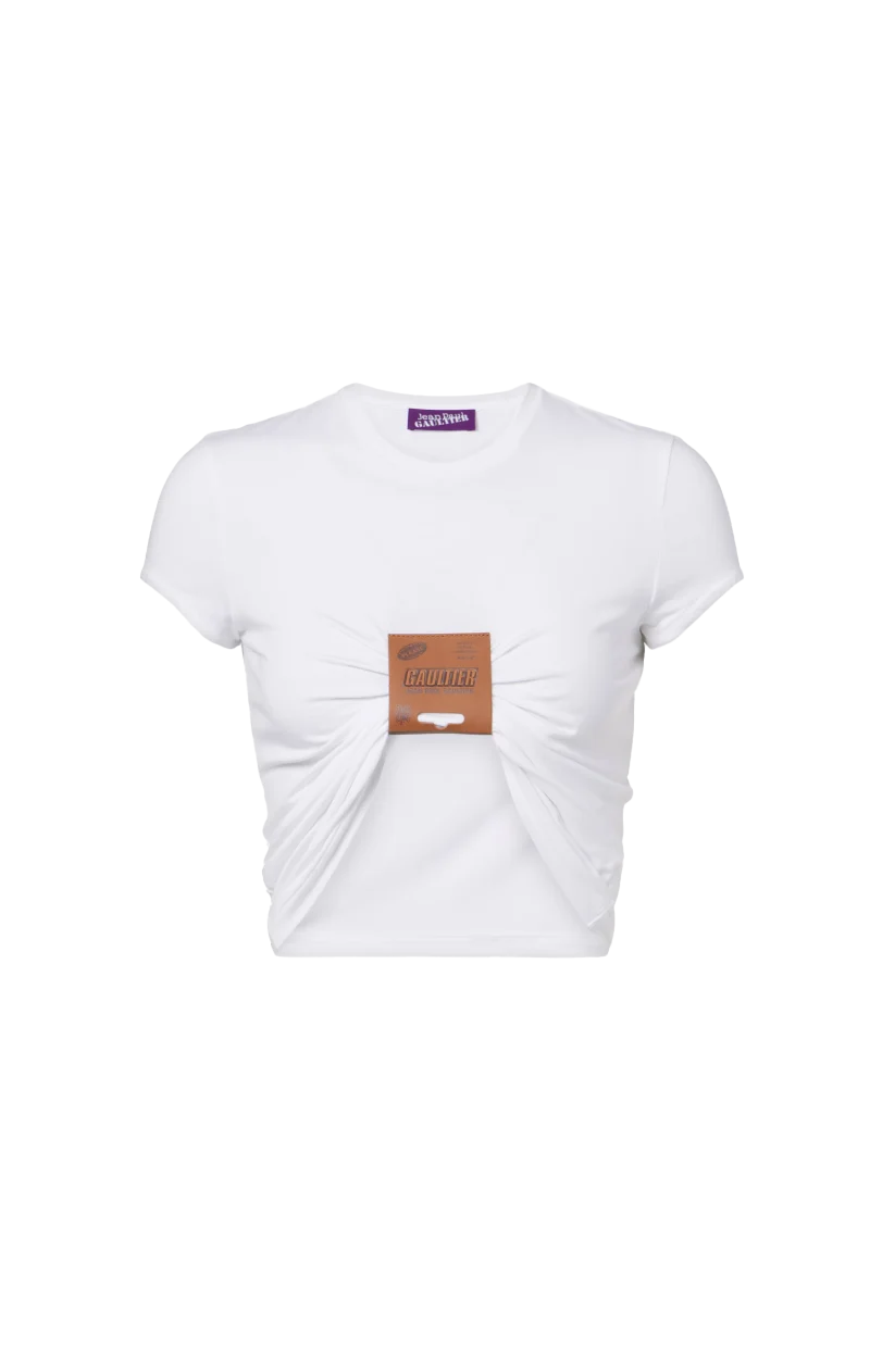 Baby Tee With Leather Tag Detail in White