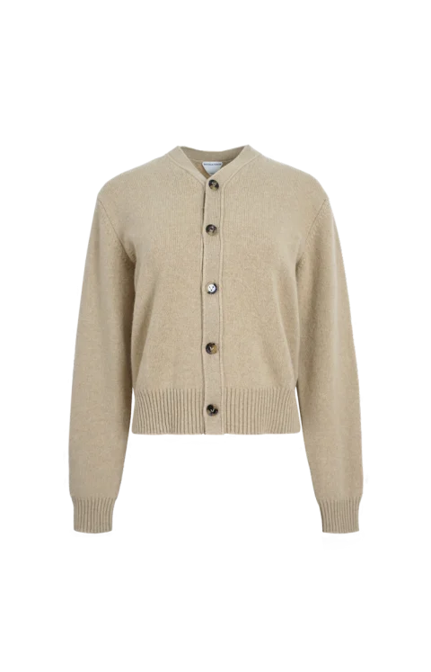 Cashmere Blend Cardigan with Intrecciato Logo Patch in Wax