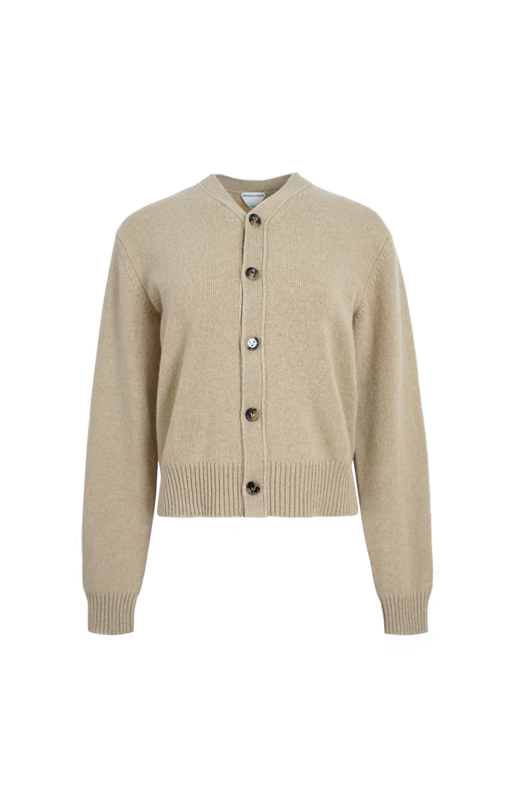 Cashmere Blend Cardigan with Intrecciato Logo Patch in Wax