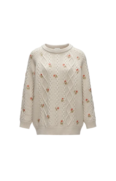 Floral Cable-Knit Sweater in Cream
