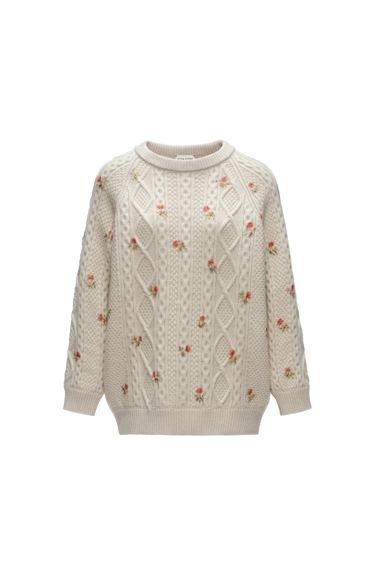 Floral Cable-Knit Sweater in Cream