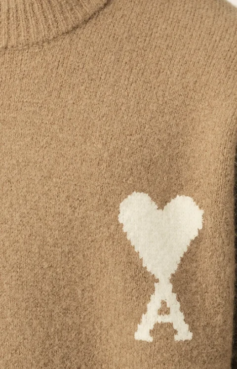 Crewneck Alpaca Sweater with Ami de Coeur in Beige — снимка 2