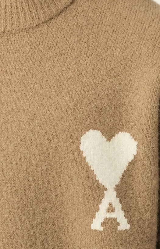 Crewneck Alpaca Sweater with Ami de Coeur in Beige — снимка 2