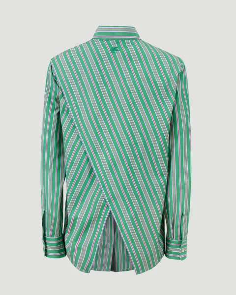 Striped Cotton Shirt with Split Back in Green — снимка 2