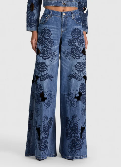 Деним с флорална бродерия 'Sidney Laser-cut' Alice + Olivia — снимка 4