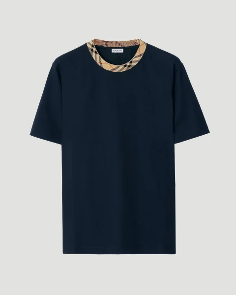 Check Trim Cotton T-Shirt in Navy