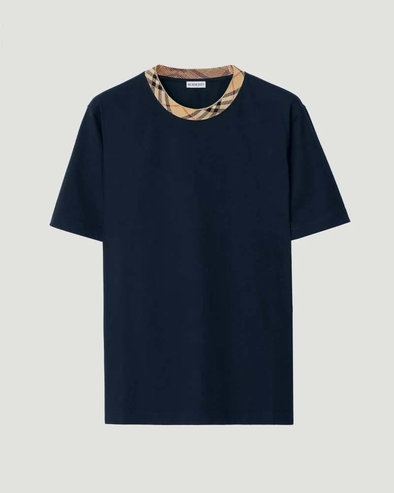 Check Trim Cotton T-Shirt in Navy