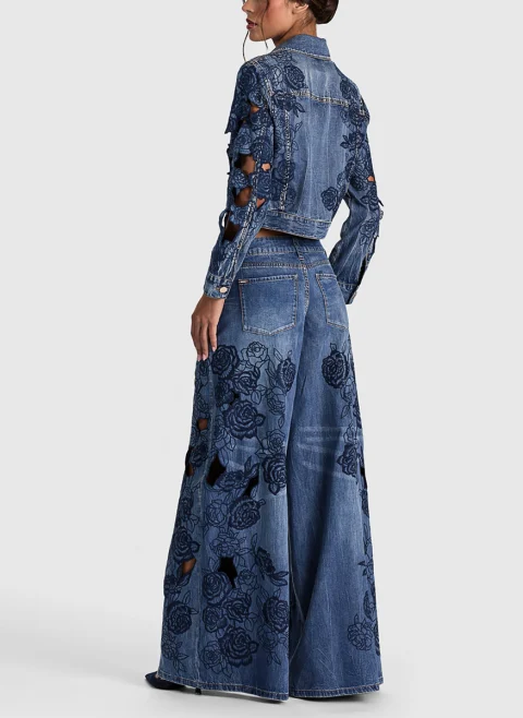 Деним с флорална бродерия 'Sidney Laser-cut' Alice + Olivia — снимка 3