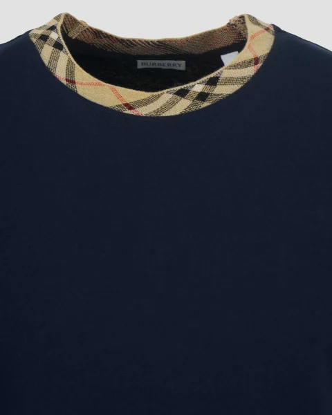 Check Trim Cotton T-Shirt in Navy — снимка 3