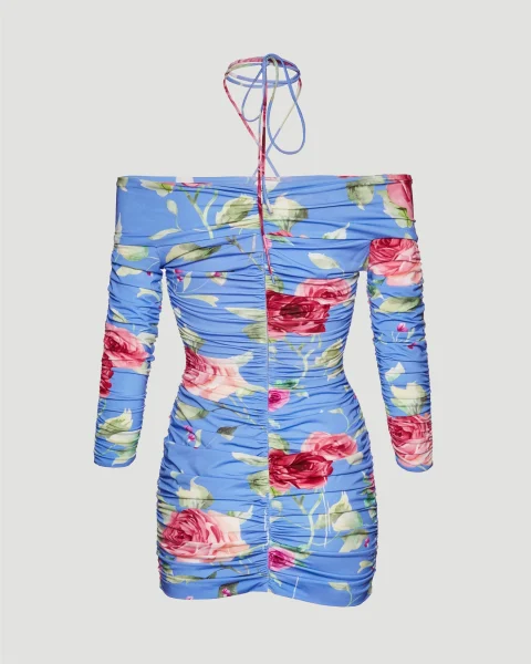 Off Shoulder Ruched Mini Dress in Light Blue Floral Print — снимка 2