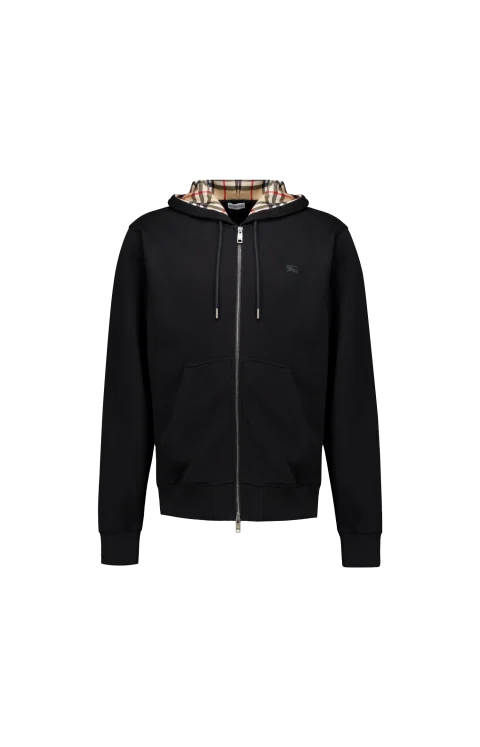 Check Hood Cotton Zip Hoodie in Black