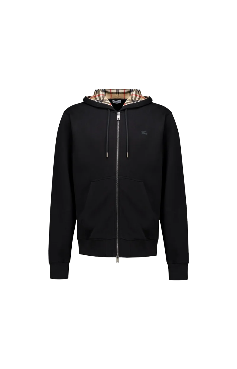 Check Hood Cotton Zip Hoodie in Black