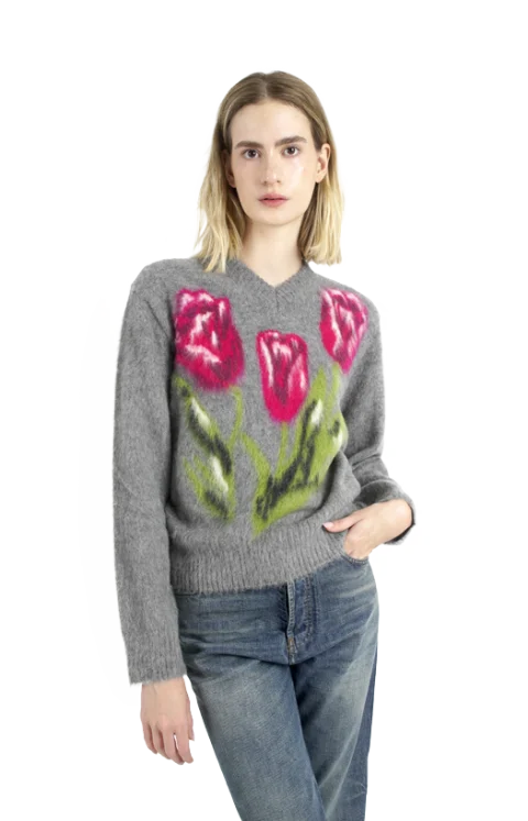Flower Wool Sweater in Grey — снимка 2