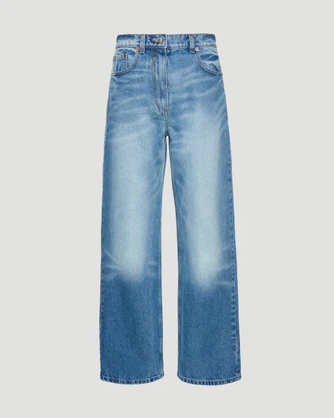 Loose-Leg Faded Denim Pants in Light Blue