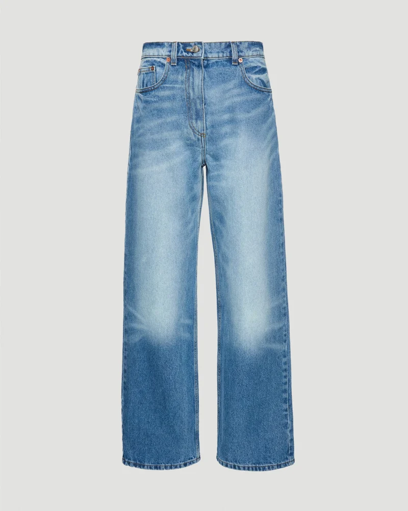 Loose-Leg Faded Denim Pants in Light Blue