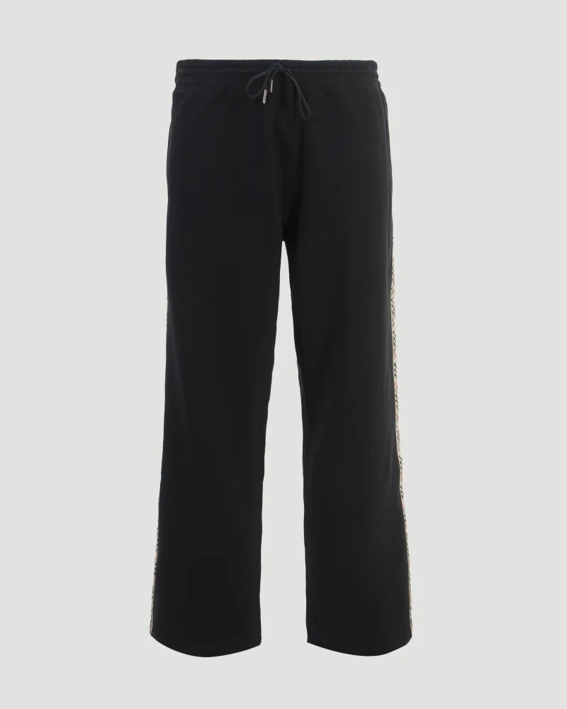 Check Trim Cotton Track Pants in Black