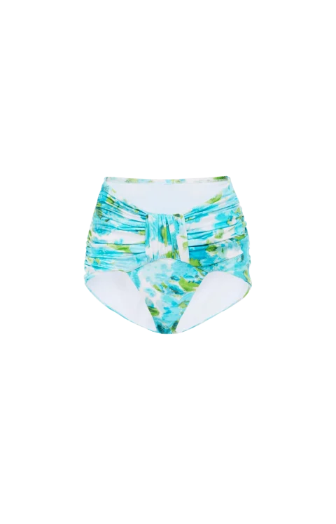 Aqua Flower-Print Mid-Rise Draped Bikini Bottoms