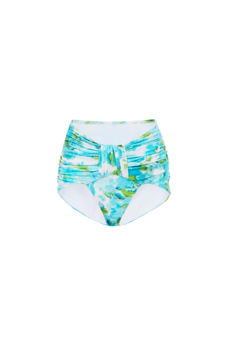 Aqua Flower-Print Mid-Rise Draped Bikini Bottoms