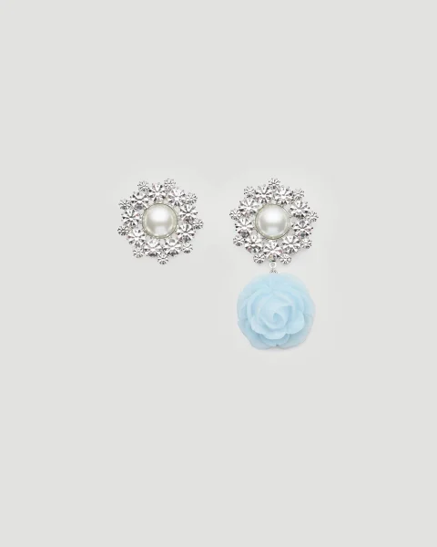 Pearl and Crystal Cluster Earrings with Blue Rose Drop