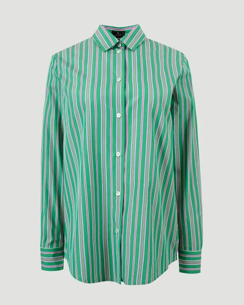 Striped Cotton Shirt with Split Back in Green