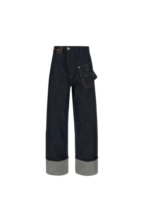 Twisted Turn-Up Workwear Denim Jeans in Indigo