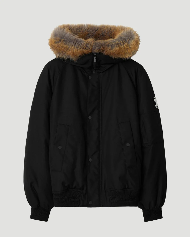 Faux Fur Trim Nylon Bomber Jacket