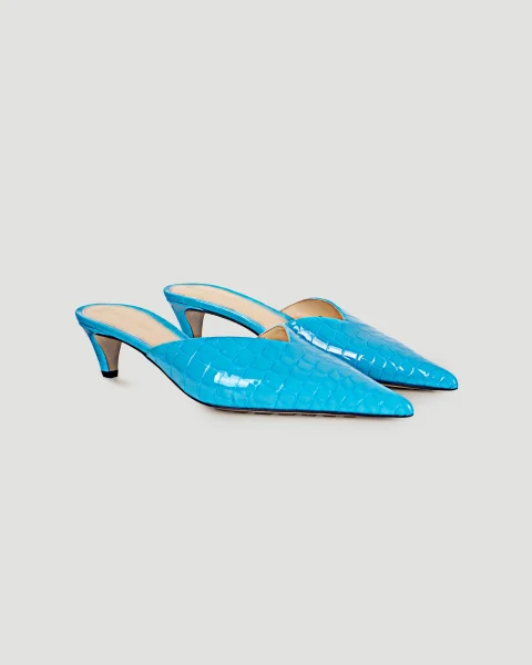 Punta Croc-Effect Leather Mules in Pool — снимка 2