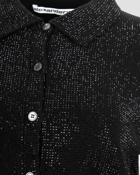 Crystal Hotfix Polo Cardigan in Black — снимка 2
