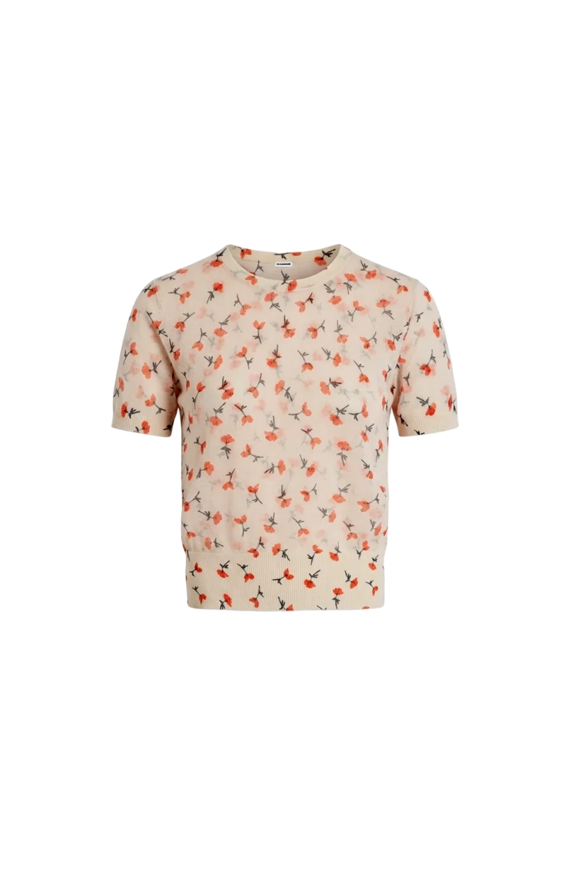 Cotton Blend Printed T-Shirt in Beige