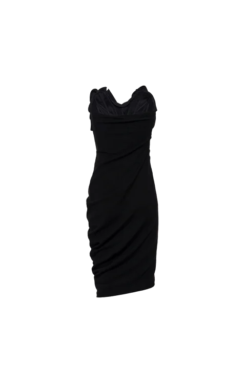 Strapless Draped Dress with Sculptural Floral Detail in Black — снимка 2