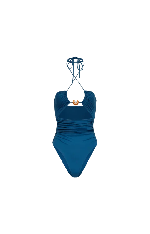 Halterneck Swimsuit with Ring Detail in Blue