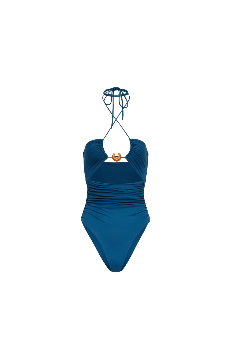 Halterneck Swimsuit with Ring Detail in Blue