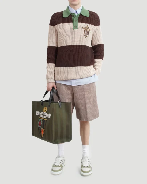 Polo Sweater in Brown and Beige Cotton Jersey — снимка 3