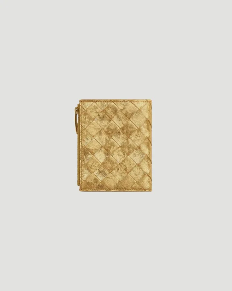 Intrecciato Small Bi-Fold Wallet in Gold — снимка 2