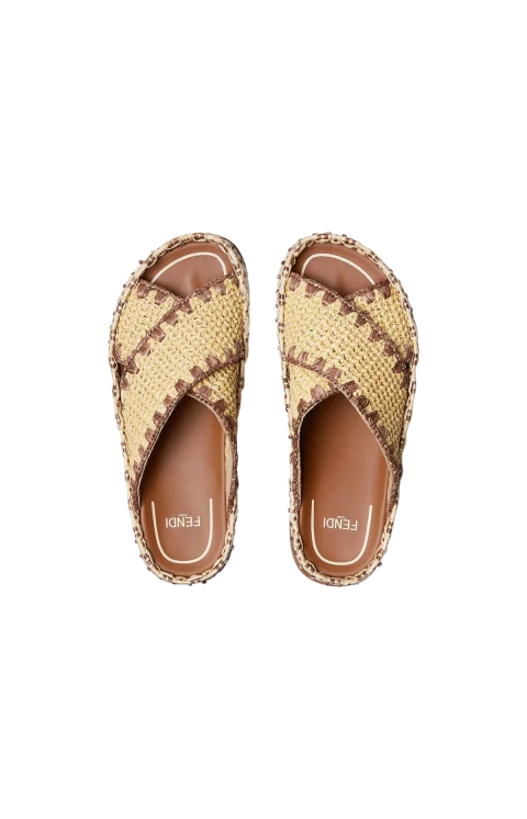 Beige Raffia-Effect Material Slides — снимка 3