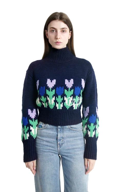 Wool Cropped Mock-Neck Logo Sweater in Dark Navy — снимка 2