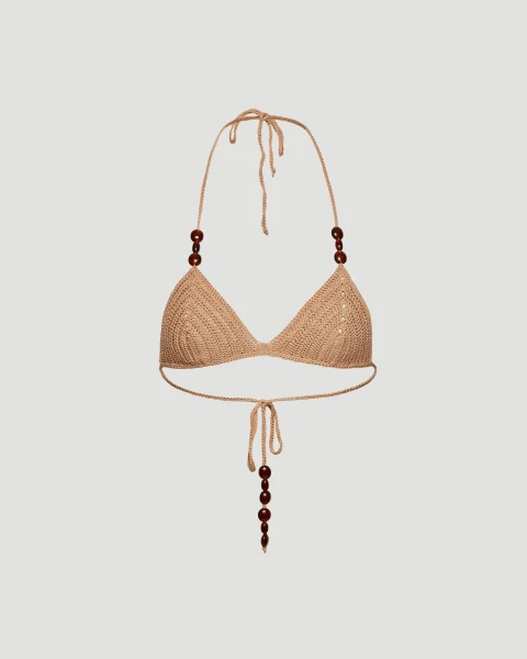 Crochet Triangle Beads Bra in Caramel