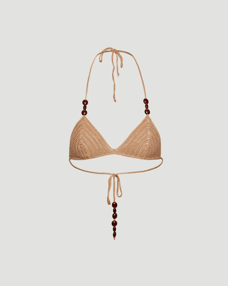 Crochet Triangle Beads Bra in Caramel
