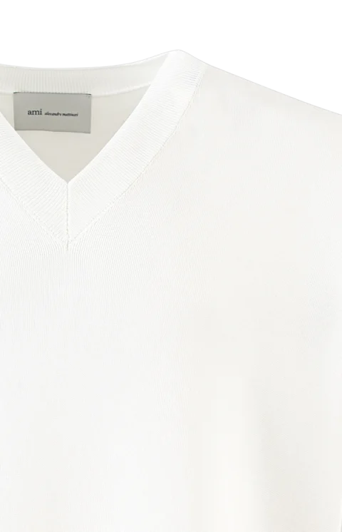 White Wool Short Sleeves V Neck Sweater — снимка 2