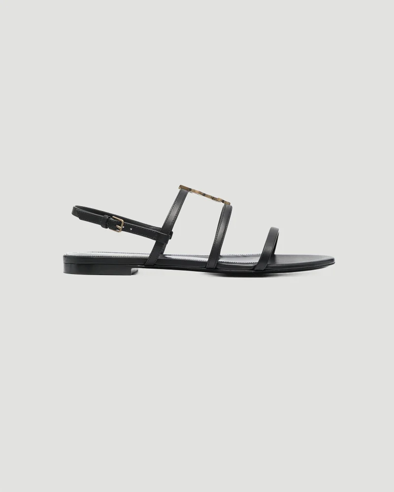 Cassandra Ankle-Strap Flat Sandals in Black Leather