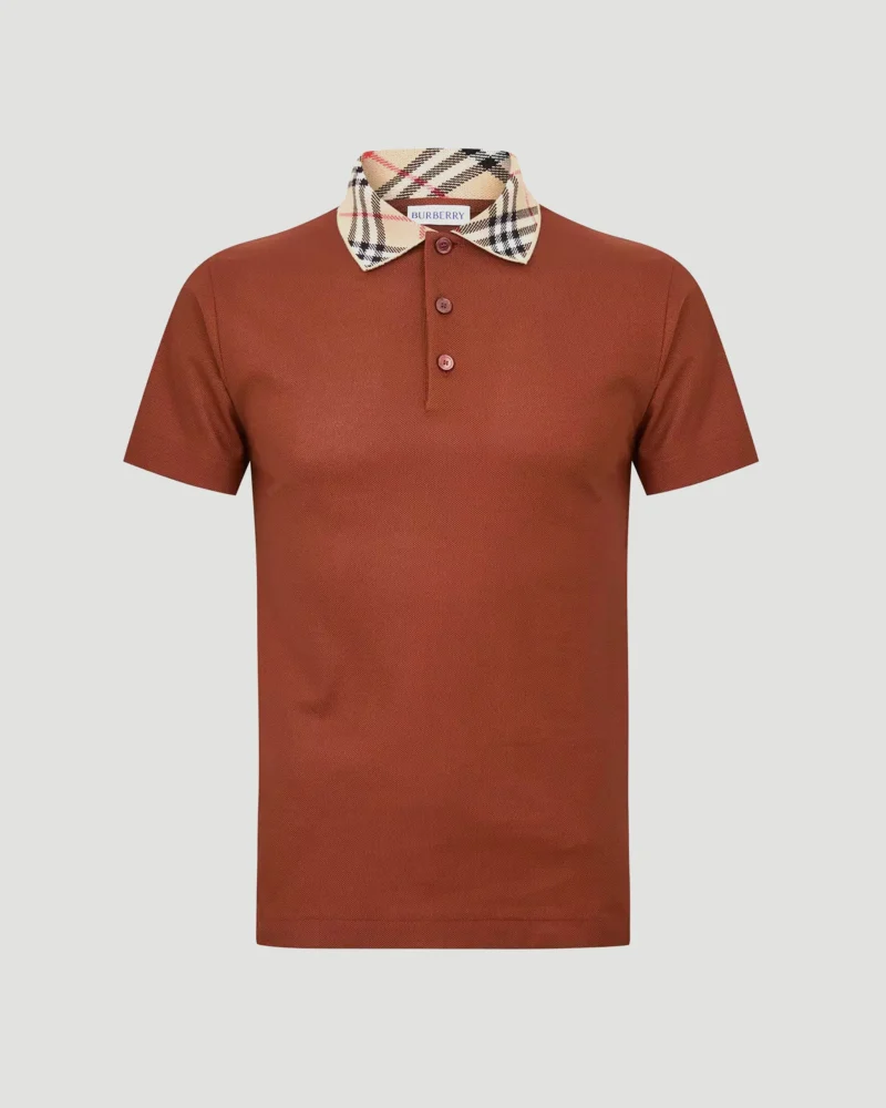 Check Collar Cotton Polo Shirt in Brown