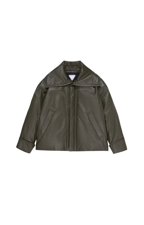 Shiny Leather Puffer Jacket in Pine Forest