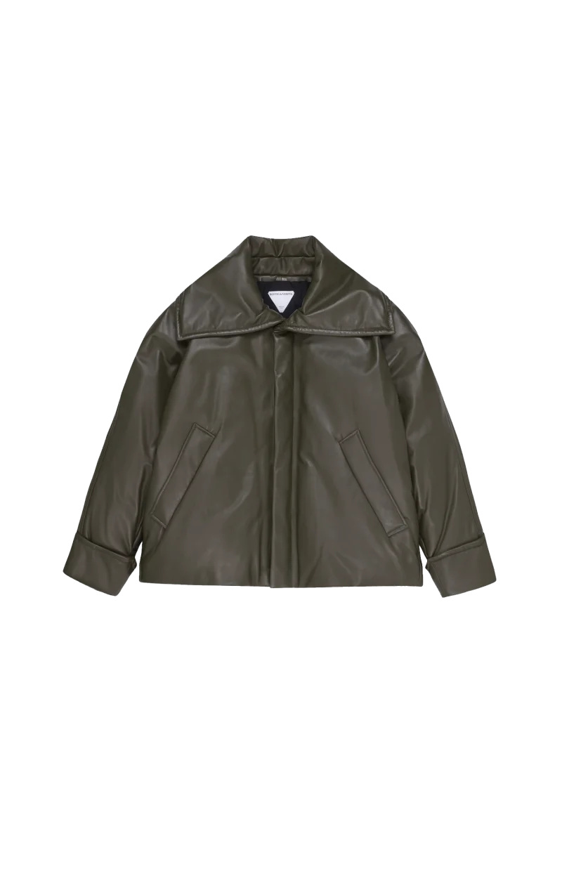 Shiny Leather Puffer Jacket in Pine Forest