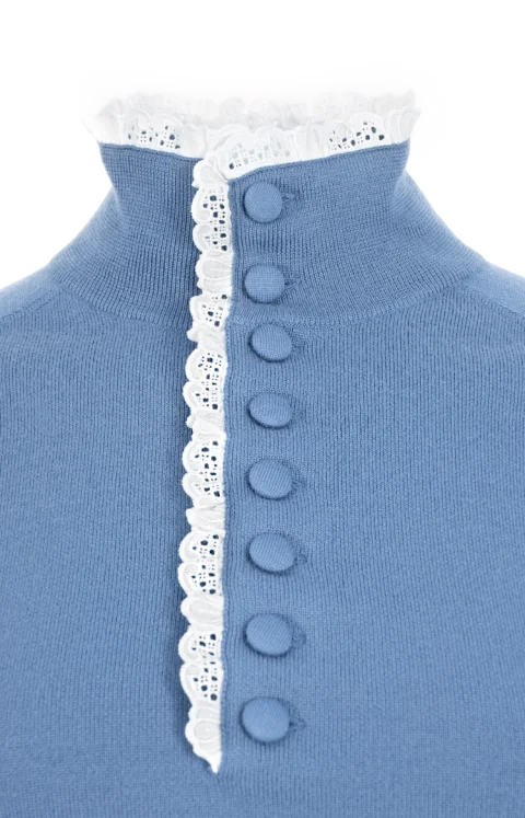 High-Neck Sweater in Dream Blue Wool Knit and Lace — снимка 2