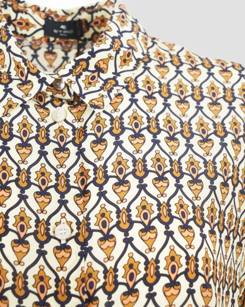 Geometric-Print Silk Crepe de Chine Shirt in Camel — снимка 3